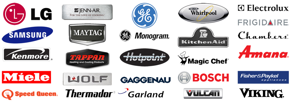 A collection of appliance brand logos including LG, Jenn-Air, GE, Whirlpool, Electrolux, Frigidaire, Samsung, Maytag, Monogram, KitchenAid, Chambers, Kenmore, Tappan, Hotpoint, Magic Chef, Amana, Miele, Wolf, Gaggenau, Bosch, Fisher & Paykel, Speed Queen, Thermador, Garland, Vulcan, and Viking.